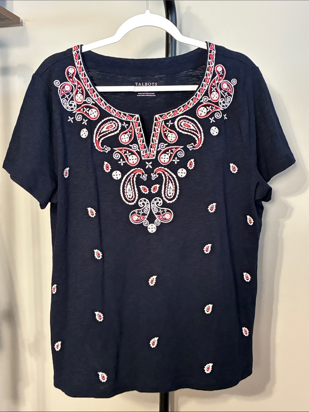 Talbots Navy Short-Sleeve Tee Red Beads & White Paisley Embroidery XL Petite